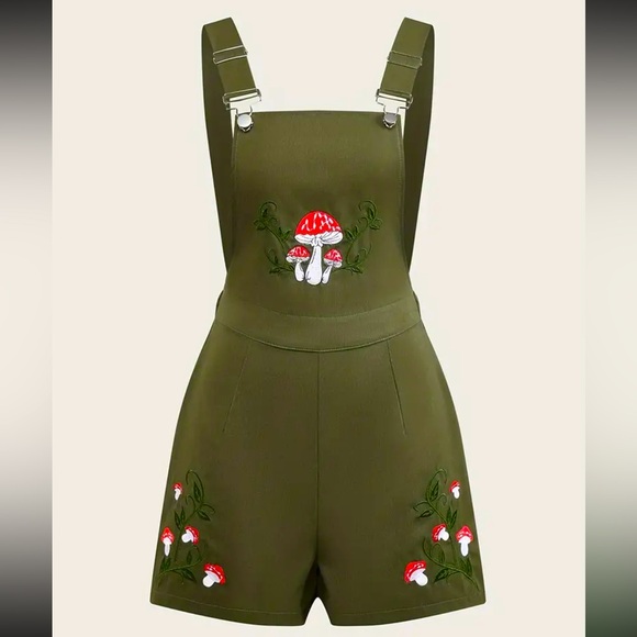 The Real Clean Company Pants - Green Mushroom Embroidered Romper Overalls New Boutique